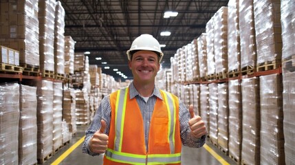 Wall Mural - manager with safety hardhat showing thumbs up and smiling at warehouse
