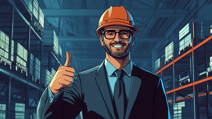 Wall Mural - manager with safety hardhat showing thumbs up and smiling at warehouse