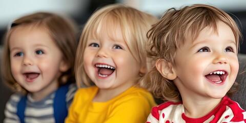 Wall Mural - young happy children having fun sitting on couch both in full focus. sharpened photo 