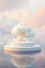 Wall Mural - white circular platform with fluffy cloud under a pastel rain sky