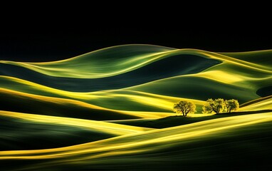 Wall Mural - Two trees on rolling green hills at sunset.