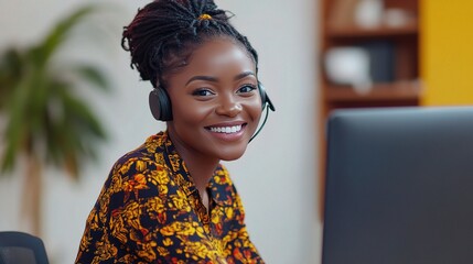 Poster - Young Woman Sitting at Desk with Headset and Smiling Cheerfully