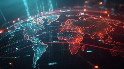 Poster - Digital World Map with Interconnected Data Lines and Points of Interest