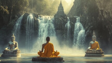 Wall Mural - Monk meditating before Buddha statues and waterfalls