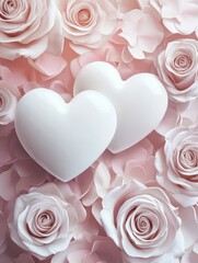 Sticker - Roses love background, with two white heart shapes, for Valentines Day, Anniversary or Wedding.