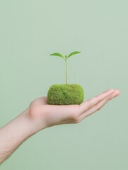 Poster - Minimalist Image of a Moss-Covered Hand Holding a Sprouting Plant in Pastel Green Background