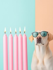 Aufkleber - Vibrant Birthday Celebration with Sunglasses Dog and Candles on Pastel Background
