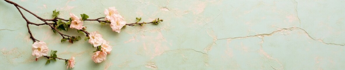 Poster - Delicate Pink Blossoms on Rustic Branch Against Textured Background