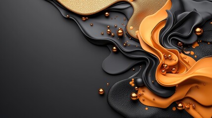 Poster - a vibrant abstract composition featuring flowing textures in black, orange, and gold, accented with 