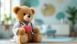 © Tahubulat - A teddy bear wearing a doctor's outfit holds a heart, illustrating the warmth of pediatric medicine