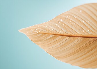 Poster - Macro Artistry Dew-Kissed Beige Leaf on Aqua Background