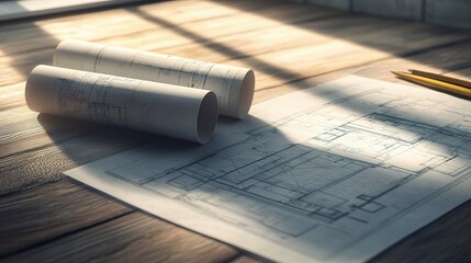 Fototapete - Architectural Blueprint and Engineering Project on Wooden Desk