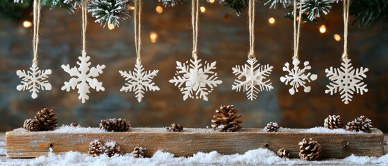 Aufkleber - Rustic Christmas Decor Handmade Paper Snowflakes on Wooden Board with Pinecones and Soft Lights