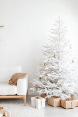Poster - Modern Minimalist Christmas Living Room with White Tree and Gold Ornaments in Soft Light