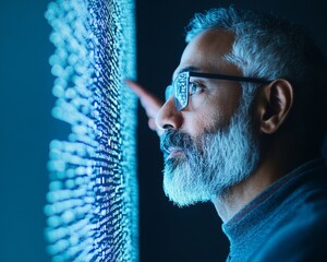 Poster - Indian Man Interacts with Holographic Touchscreen Displaying Urban Digital Services