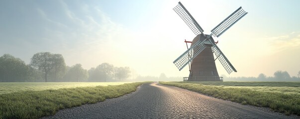 Wall Mural - A serene landscape featuring a traditional windmill beside a winding road in a misty setting.