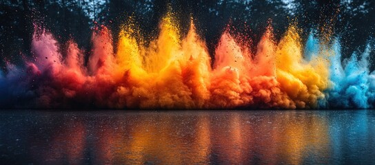 Poster - Vibrant explosion of colored powder creating a stunning visual effect on a reflective surface.
