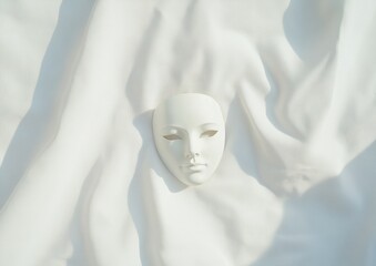 Poster - Minimalist White Theatrical Mask on Soft Fabric with Shadows