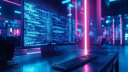Aufkleber - Futuristic Tech Workspace with Neon Glow and Coding Display