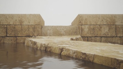 Wall Mural - A serene waterway with stone structures emerging from a tranquil, foggy environment.