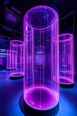 Poster - Futuristic Holographic Art Installation Neon Cylinders in Dark Exhibition Space