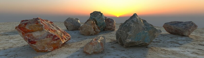 Wall Mural - A collection of colorful rocks illuminated by a sunrise in a serene landscape.