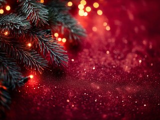Poster - Warm Festive Glow with Fir Branches and Twinkling Lights on Deep Red Background