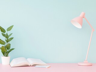 Poster - Tranquil Study Space with Open Textbook and Pastel Lamp