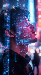 Poster - Futuristic Reflections Korean Urban Evening with VR-Inspired Elements