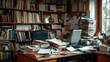 © gentho - A cluttered desk filled with books, papers, and stationery in a cozy workspace.