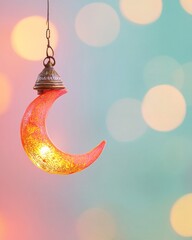 Poster - Glowing Crescent Moon Lantern Against Bokeh Background Warm Ramadan Aesthetic