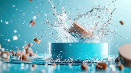 Poster - A round object splashes into a turquoise basin, creating dynamic water droplets and surrounded by small floating pieces.