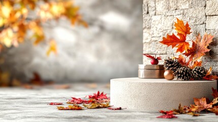 Poster - A serene autumn scene featuring colorful leaves, pine cones, and decorative elements arranged on a smooth surface against a textured wall.
