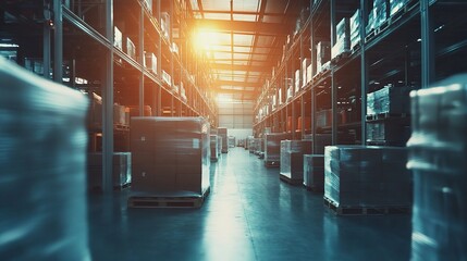 Poster - Blurred Industrial Warehouse Background with Large Robot Technology