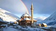 © Ardian - illustration of a village in the mountains with a mosque, in the snow and rainbow