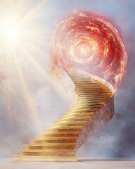 Poster - Golden spiral staircase ascending towards celestial light in dreamy environment surreal art concept