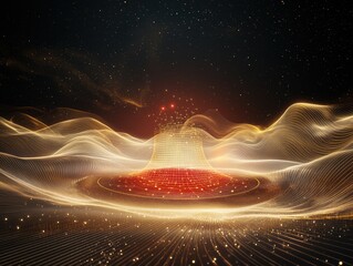 Poster - Dynamic golden grid patterns emerging in cosmic landscape digital art futuristic environment abstract view