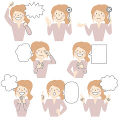 Fototapete - collection set of cute doodle hand draw speech bubble balloon with girl woman character facial expre