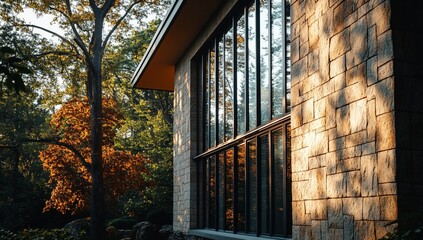 Poster - Modern stone house with large windows, autumn trees in background.