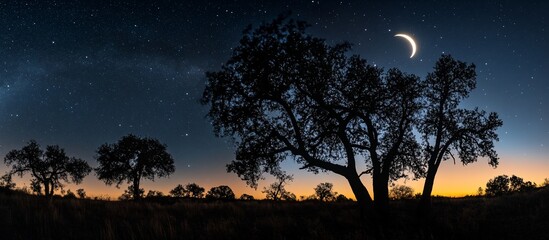 Aufkleber - Silhouetted trees at sunset under a starry night sky with a crescent moon.