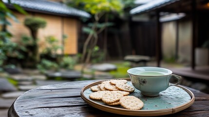 Poster - Tea and crackers on a wooden table in a serene Japanese garden.