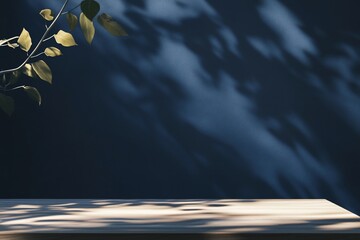Aufkleber - Wooden table with plant branch and blue shadow wall background.