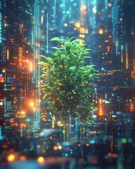 Aufkleber - Futuristic tech plant surrounded by abstract technology elements, with advanced AIdriven processes fueling growth and development in a visually stunning design