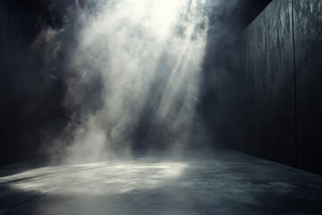 Poster - Dark room with smoke, spotlight, and concrete walls.