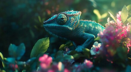 Aufkleber - Vibrant blue chameleon perched amidst pink and white blossoms in lush green foliage.