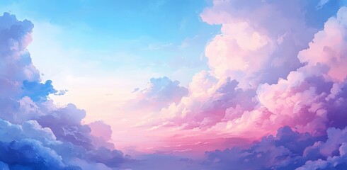 Poster - Dreamlike pastel sky with fluffy clouds at sunset.