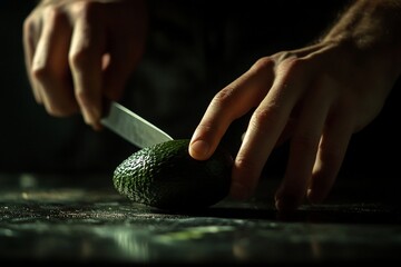 Poster - Close-up of hands skillfully slicing a ripe avocado on a dark surface.