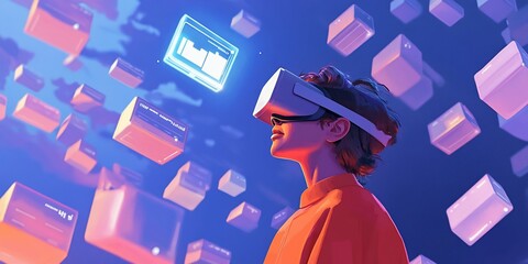 Fototapete - Person wearing VR headset, exploring digital data cubes in metaverse.