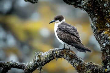 Poster - Brown and white bird perched on lichen-covered branch.