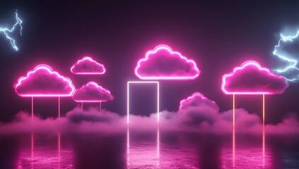 Aufkleber - Glowing neon pink cloudscape with portal, reflecting in dark water, lightning strikes.